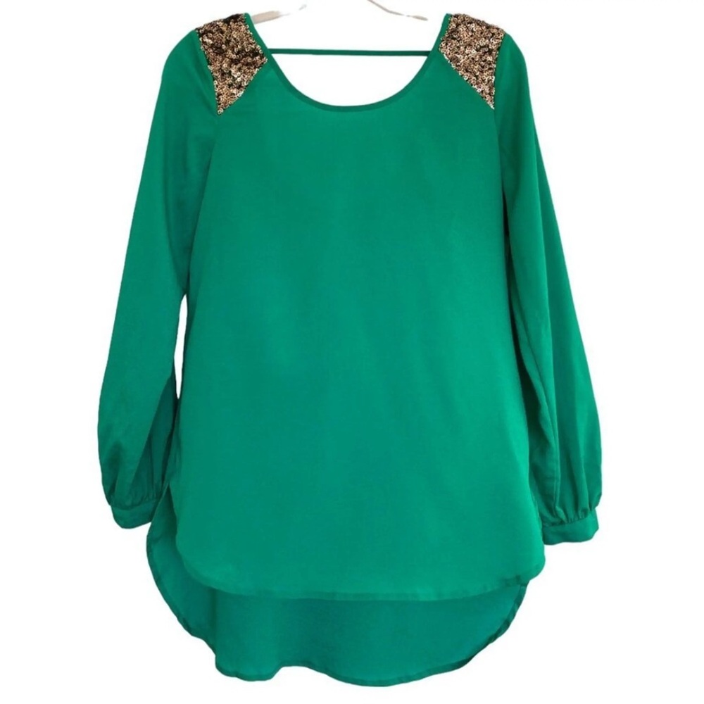 GBX Emerald Green Blouse with Gold Sequin Shoulders